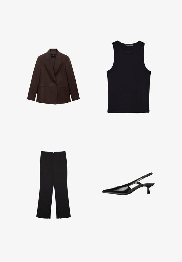 Brązowa marynarka dwurzędowa z klapami, długimi rękawami, dwoma przednimi kieszeniami i gładką fakturą. Metka widoczna wewnątrz kołnierza.; Czarny top na ramionczkach wykonany z bawełny, z okrągłym dekoltem i szerokimi wycięciami na ramionach. Gładka tekstura z przeszytymi brzegami. Klasyczny, minimalistyczny design.; Czarne spodnie o prostym kroju, z przednimi kieszeniami i bocznymi rozcięciami na dole. Wykonane z miękkiego, gładkiego materiału. Odpowiednie na różne okazje.; Czarne lakierowane czółenka na odkrytej pięcie z wąskim noskiem, z wykrojem po bokach i małym kwadratowym obcasem. Gładka faktura z minimalnymi akcentami.