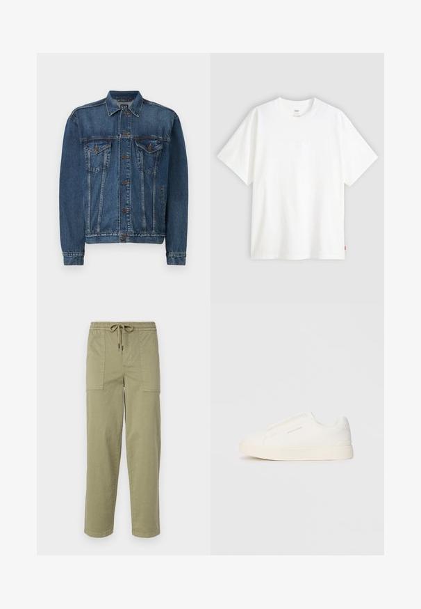 Tamsiai mėlynas džinsinis švarkas su mygtukais priekyje, dviem krūtinės kišenėmis ir siuvinėtais detalėmis prie siūlių ir rankogalių. Standartinio tipo apykaklė.; Baltas trumpas rankovės marškinėlis, pagamintas iš medvilnės, su apvalia iškirpte. Priekyje yra subtilus iškilus logotipas ir raudonas etiketas ant apačios.; Šviesiai alyvuogių žalios spalvos kelnės, pagamintos iš medvilnės mišinio, su elastingu liemeniu ir raišteliu, bei dviem didelėmis šoninėmis kišenėmis.; Baltos slip-on sportbačiai su tekstūruota paviršiumi, storesniu padu ir minimalistišku dizainu. Šone matosi prekės ženklo logotipas.