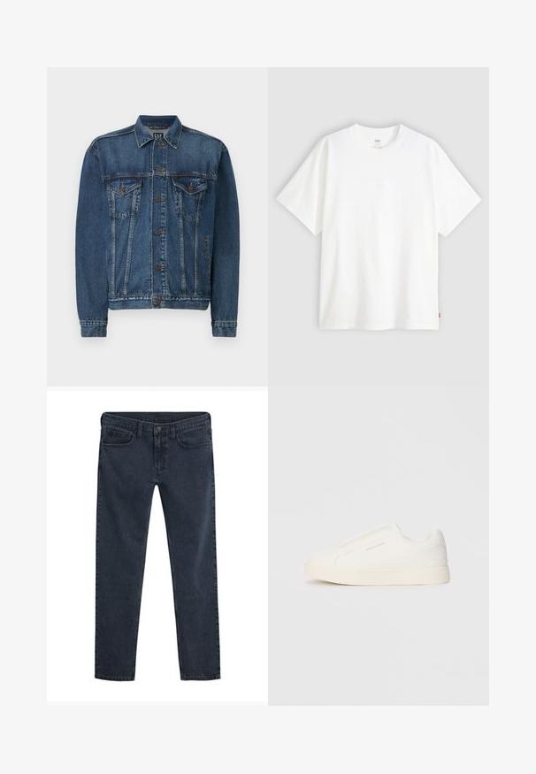 Traper jakna u tamnoplavoj boji, s prednjim kopčanjem na gumbe, dva džepa na prsima i prošivenim detaljima duž šavova i manžeta. Standardni stil ovratnika.; Bijela kratka majica od pamuka s okruglim izrezom. Sadrži suptilni reljefni logo detalj sprijeda i crvenu oznaku na rubu.; Tamno plave traperice uskog kroja s pet džepova, zatvaranjem na kopče i diskretnom istrošenom teksturom po cijelom tkanju.; Bijele slip-on tenisice s teksturiranom površinom, debelim đonom i minimalističkim dizajnom. Sadrže logo branda sa strane.