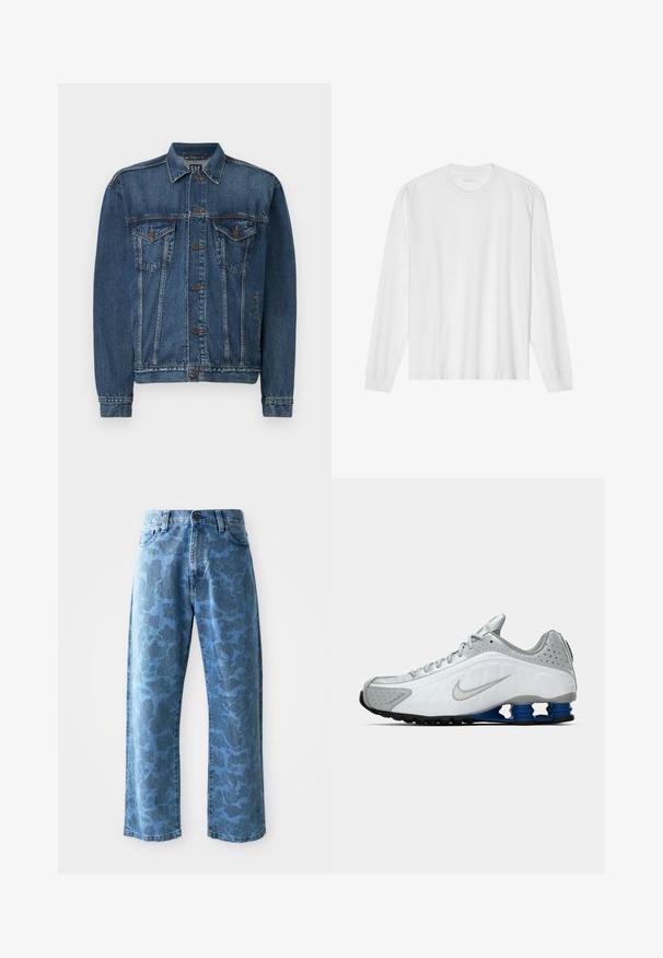 Casaco de ganga azul escuro, com fecho por botões à frente, dois bolsos no peito e detalhes cosidos ao longo das costuras e punhos. Estilo de gola padrão.; Camiseta branca de manga comprida em algodão com decote redondo, punhos canelados e bainha reta, textura suave e design minimalista.; Jeans de ganga azul claro com um discreto padrão floral tonal, corte largo, design de cinco bolsos e fecho por botão na cintura.; Sapatilha de corrida Nike branca e cinza com swoosh prateado, unidades de sola azul em forma de mola e pisada preta sobre um fundo plano.