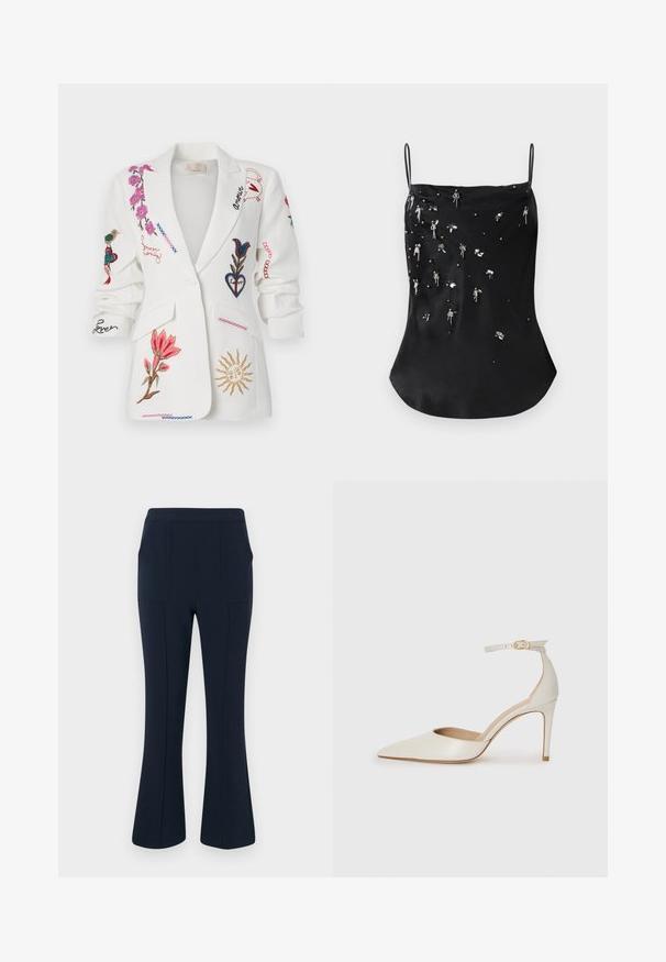 Weißer Blazer mit gestickten floralem Muster, Vögeln und Details in verschiedenen Farben, mit Reverskragen und vorderen Taschen.; Schwarze Satin-Camisole mit dünnen Trägern, verziert mit verstreutem Beading und Pailletten in Silber- und dunklen Farbtönen, die ein strukturiertes Muster erzeugen.; Marineblaue Schlaghosen mit zwei vorderen Taschen, aus einem glatten, dehnbaren Stoff gefertigt und mit einem taillierten Bund sowie klaren Linien ausgestattet.; Weiße Leder-Pumps mit spitz zulaufender Zehe, Knöchelriemen und schlanker Stiletto-Absatz. Glatte Oberfläche mit dezent glänzendem Finish.