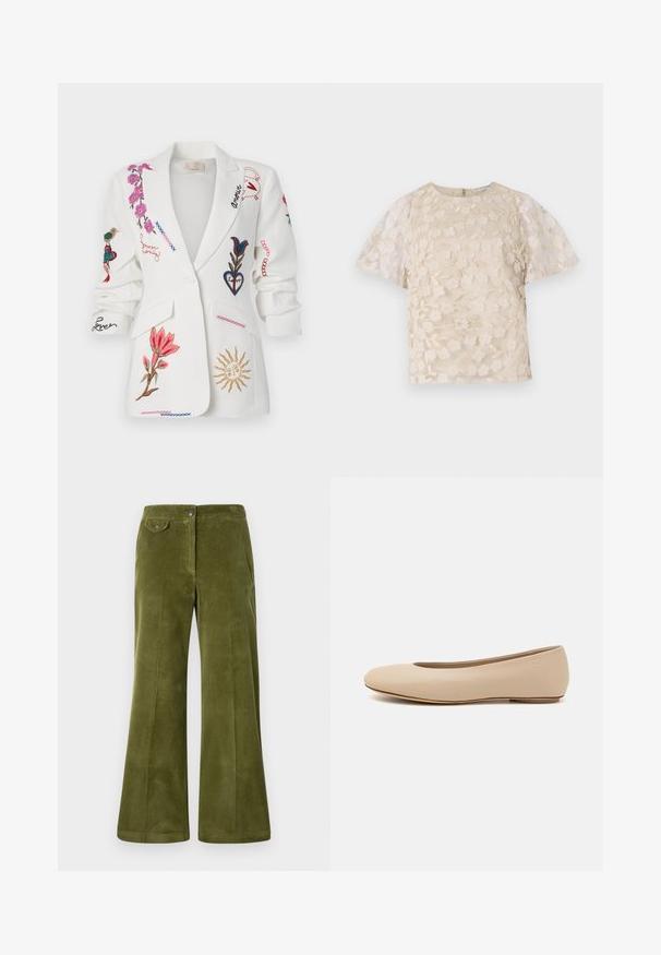 Biely blazer s vyšívanými kvetinovými vzormi, vtákmi a detailami v písme v rôznych farbách, s klopou a prednými vreckami.; Béžová blúzka s kvetinovou výšivkou, priesvitnými balónovými rukávmi, okrúhlym výstrihom a zadným zipsom. Textúrovaný kvetinový vzor na prednom panely.; Olivovo zelené kordové nohavice s rozšírenými nohavicami, hladkou textúrou, prednými vreckami a predným zapínaním na gombík. Vertikálny ryhovaný vzor po celej ploche.; Béžové kožené baleríny s okrúhlym prstom, minimálnym švom, nízkym podpätkom a diskrétnym logom na zadnej strane. Hladká, matná textura.