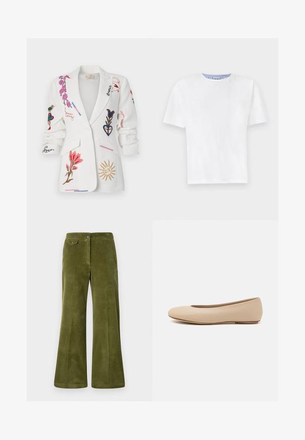 Valge bleiser, millel on tikitud lillemustrid, linnud ja kirjalikud detailid erinevates värvides, notši krae ja esikotid.; Valge puuvillane T-särk ümmarguse kaelusega. Lühikesed varrukad ja sinised triibud sisekrae äärel. Pehme tekstuur, tavaline lõige.; Olive roheline nõelakangast flared püksid, millel on sile tekstuur, ees kotid ja ees nupuga sulgus. Vertikaalne ribakujundus kogu ulatuses.; Beeži nahk balletitossud ümarate varvastega, minimaalse õmbluse detailiga, madala kanna ja diskreetse logoga taga. Sile, mati tekstuur.