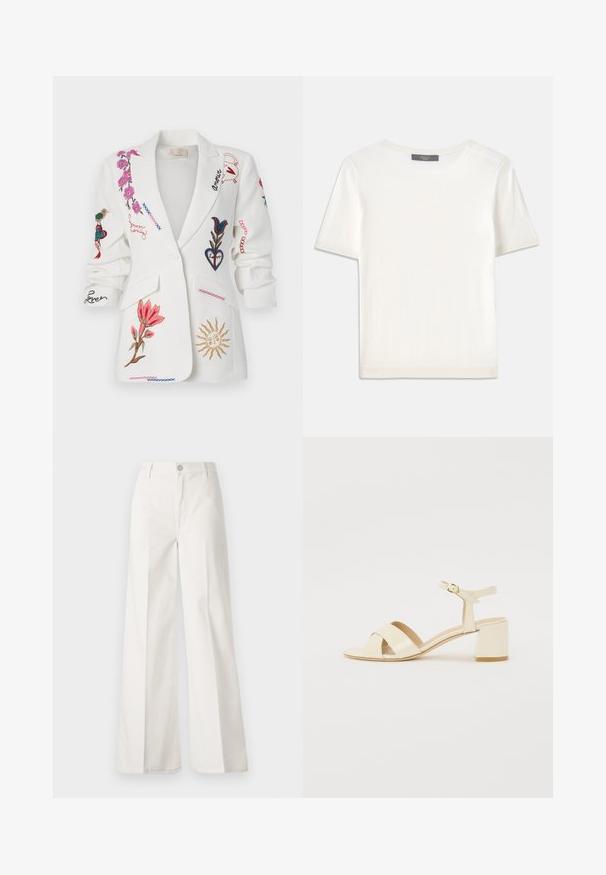 Hvid blazer med broderede blomsterdesigns, fugle og skriftlige detaljer i forskellige farver, med en notch-lapel og frontlommer.; Hvid kortærmet strikbluse med rund halsudskæring, der har en glat tekstur og subtile ribbede detaljer ved ærmerne og kanten.; Hvide vidde bukser lavet af bomuld med en glat tekstur. Har en frontknap, lynlås, og fire-lomme design.; Beige patenteret læder hælede sandaler med krydsremdesign, åben tå, justerbar ankelrem og en blokeret hæl. Glat tekstur.