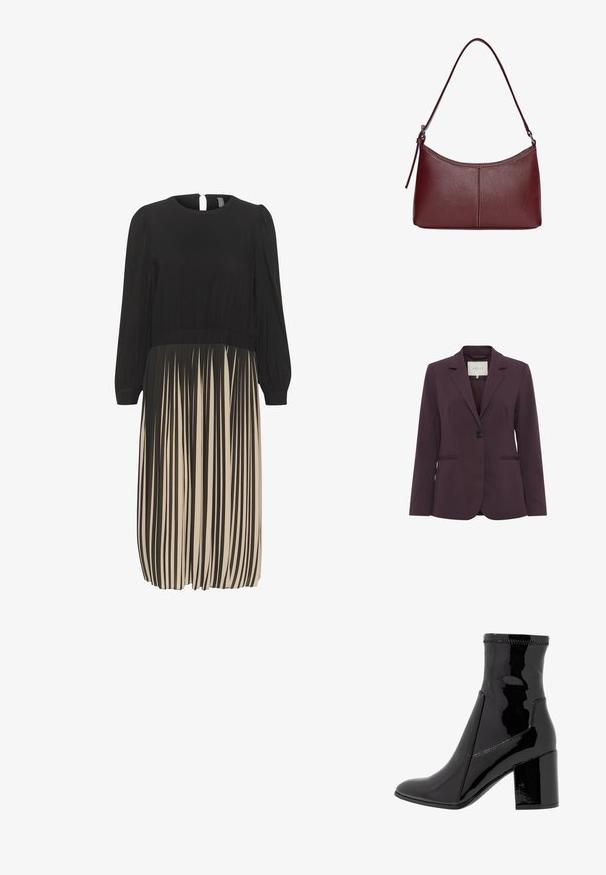 Bordeaux op maat gemaakte blazer met een enkele knoopsluiting, reverskraag, twee voorzakken en een gladde textuur. Voering zichtbaar bij de hals.; Zwart en beige jurk met een ronde halslijn, een geraffineerde taille, lange mouwen en een geplisseerde rok met verticale strepen.; Zwarte patenten enkellaarsjes met een gladde textuur, een spitse neus en een gestructureerde blokhak. Heeft een ritsvrije ontwerping en contrasterende stiksels.; Bordeaux lederen handtas met een gebogen vorm, een enkele schouderriem en gestikte details in het midden. Glad textuur, minimale hardware.