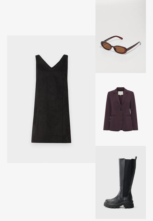 Blazer ajusté bordeaux avec une fermeture à un bouton, col à revers, deux poches avant et une texture lisse. Doublure intérieure visible au niveau du cou.; Robe noire sans manches avec un décolleté en V, fabriquée à partir d'un matériau doux, présentant une coupe droite et un minimalisme dans le design. Texture lisse.; Bottes noires à hauteur de genou avec un extérieur en cuir lisse et des panneaux latéraux élastiques contrastants. Semelle en caoutchouc épaisse avec un profil prononcé.; Lunettes de soleil rondes teinte brun avec une monture bordeaux brillante. Branches fines avec un détail de marque subtil. Design de verres plats.