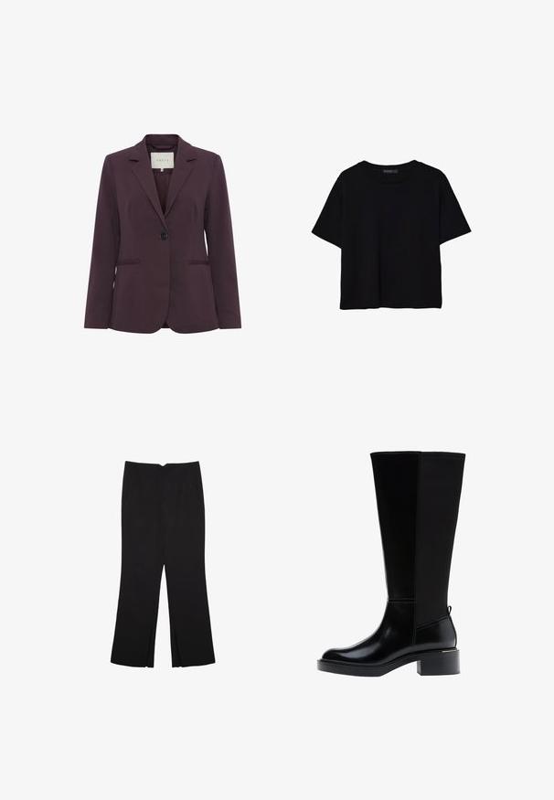 Maroon tailored blazer with a single button closure, lapel collar, two front pockets, and smooth texture. Lined interior visible at the neck.; Black short-sleeve t-shirt made of cotton. Features a round neck and a loose fit with a smooth, plain texture. No visible patterns or accents.; Black trousers with a straight fit, featuring front pockets and side slits at the hem. Made of soft, smooth fabric. Suitable for various occasions.; Black knee-high boot with a smooth leather finish, prominent stitching, a chunky heel, and a textured back panel for added interest.