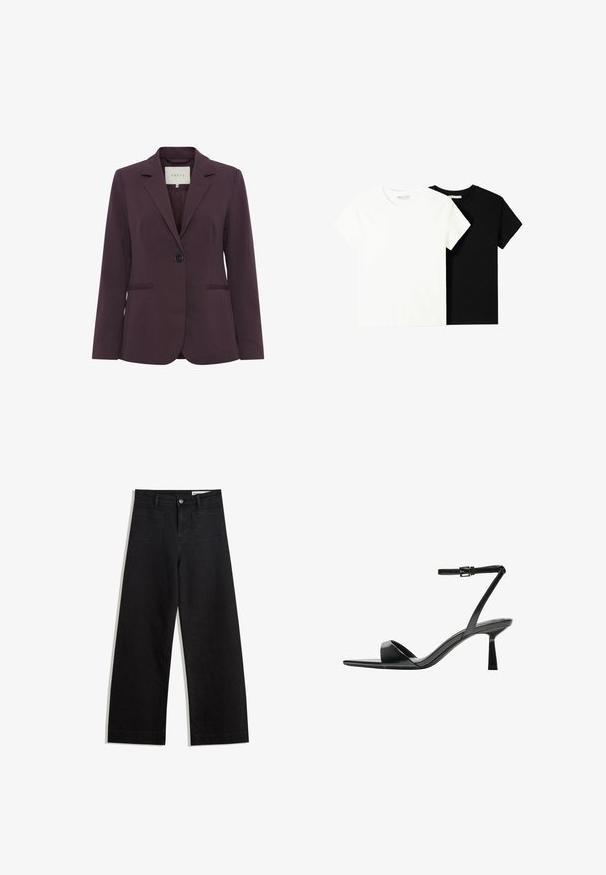 Bordeaux op maat gemaakte blazer met een enkele knoopsluiting, reverskraag, twee voorzakken en een gladde textuur. Voering zichtbaar bij de hals.; Twee t-shirts met korte mouwen, één wit en één zwart, gemaakt van katoen. Beide hebben een ronde halslijn en een eenvoudig, klassiek ontwerp.; Zwarte denim broek met wijde pijpen en een hoge taille, voorzien van voor- en achterzakken, gestikte naden en een knoopsluiting. Gladde textuur.; Bershka Sandalen met hoge hak - black