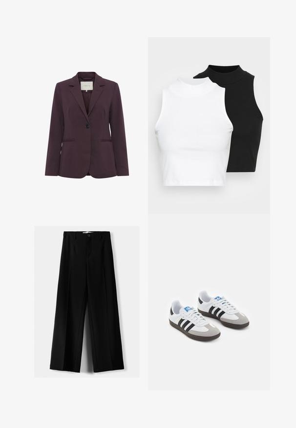 Blazer su misura bordeaux con chiusura a un bottone, colletto a risvolto, due tasche frontali e texture liscia. Fodera interna visibile nel colletto.; Due top in maglia senza maniche, a collo alto, in nero e bianco, con un design aderente e una superficie liscia, di lunghezza cropped.; Pantaloni neri a gamba larga realizzati in tessuto leggero, caratterizzati da una chiusura frontale con bottone e frontale piatto, con orli cuciti con precisione.; Scarpe sportive con tomaia in pelle bianca, punta in suede grigia e tre strisce nere. Presentano un logo blu sulla linguetta e una suola in gomma testurizzata.