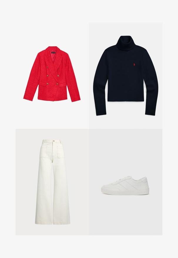 Rote Tweed-Blazer mit doppelt geknöpftem Design, goldenen Knopfakzenten, Reverskragen und zwei Fronttaschen. Strukturierte Stoffoberfläche.; Marineblauer Rollkragenpullover mit langen Ärmeln und einem kleinen roten Sticklogo auf der linken Brust.; Weite Jeans aus off-white Denim. Hoch tailliertes Design mit Knopfverschluss, zwei Fronttaschen und kontrastierenden Stickdetails.; Weiße Leder-Sneaker mit flachen Schnürsenkeln, abgerundetem Zehenbereich und dezenten Steppnähten. Verfügt über eine strukturierte Sohle und ein eingeprägtes Markenlogo an der Ferse.