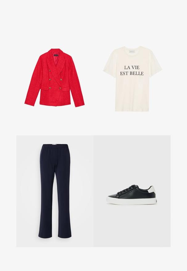 Blazer en tweed rouge avec un design à double boutonnage, accents de boutons dorés, revers à crans et deux poches avant. Finition en tissu texturé.; T-shirt en coton couleur crème à manches courtes et col rond. Présente le texte noir "LA VIE EST BELLE" centré sur le devant.; Pantalon bleu marine à jambes droites en tissu extensible avec une taille élastique et deux poches avant. Texture lisse, sans motifs visibles.; Baskets basses noires avec semelle et languette blanches, lacets noirs et logo subtil de Calvin Klein sur le côté, présentées sur un fond uni.