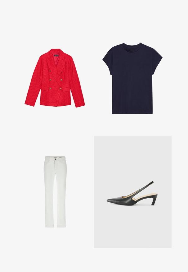 Crveni tweed sako s dvostrukim zatvaranjem, zlatnim kopčama, reverima u obliku slova "notch" i dva prednja džepa. Teksturirani završetak tkanine.; Tamno plava pamučna majica s okruglim izrezom i kratkim rukavima, koja se odlikuje opuštenim krojem i glatkom teksturom. Bez uzoraka ili dodataka.; Bijele traperice uskog kroja, s 5 džepova i kontrastnim šavovima. Imaju kopčanje na dugme i suptilnu oznaku brenda na remenu.; Crne cipele s izduženim vrhom i remenom oko pete, s niskom petom, izrađene od glatke kože i s izrezbarenom stranom radi prozračnosti.