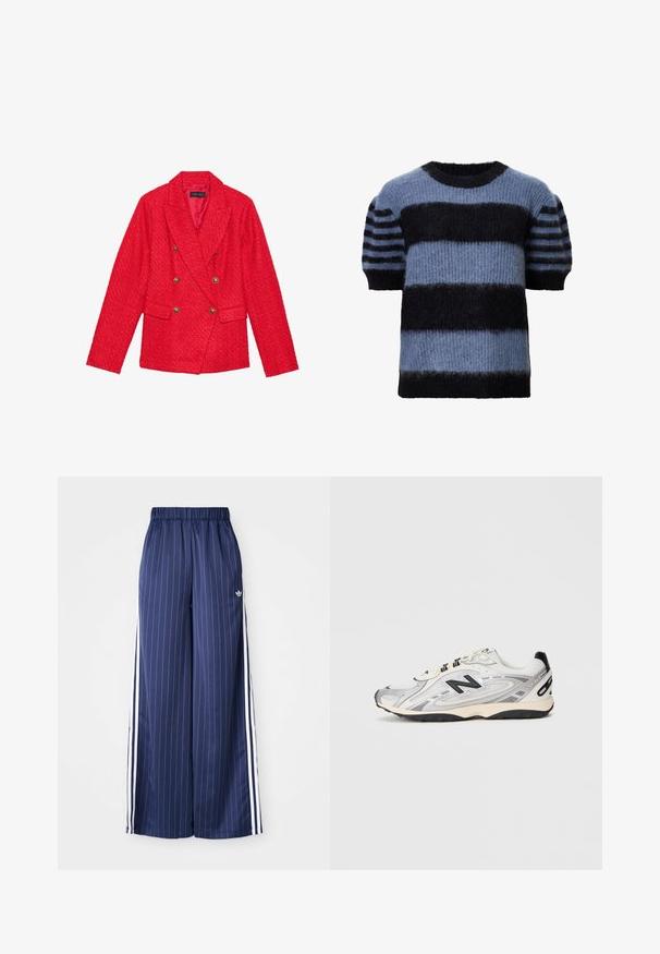 Blazer en tweed rouge avec un design à double boutonnage, accents de boutons dorés, revers à crans et deux poches avant. Finition en tissu texturé.; Pull à manches courtes dans des tons de bleu mélangé et noir, avec de larges rayures horizontales et une texture douce et duveteuse. Encolure ronde, coupe décontractée.; Pantalons larges bleu marine avec des rayures blanches verticales, taille élastique et trois rayures blanches de chaque côté, fabriqués dans un matériau léger.; Chaussure de sport grise et blanche avec un bout arrondi, en matériaux mesh et synthétiques, accents noirs et semelle en caoutchouc texturée.