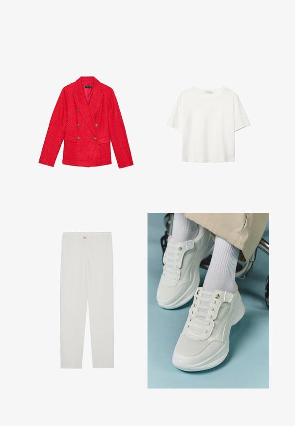 Rød tweed blazer med dobbeltradet design, guldbutton-accenter, sætninger og to frontlommer. Teksturert stoffinish.; Hvid kortærmet t-shirt lavet af bomuld. Har en rund halsudskæring og en afslappet pasform. Glat tekstur uden synlige mønstre eller detaljer.; Hvide, skrædderlavede bukser med lige ben design, udstyret med knaplukning, bæltesløjfer og sidelommer; glat stoftekstur.; Hvide sneakers med mesh-materiale, gummisål, snørebåndsfri design med elastiske bånd og guldtonede accenter.