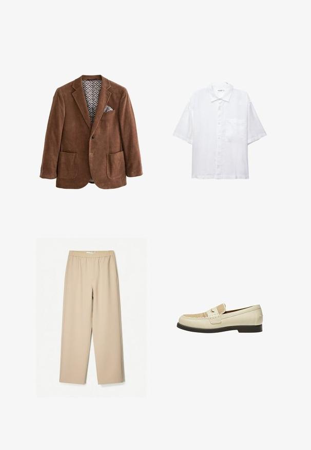 Blazer en velours côtelé marron avec revers crantés, deux poches avant et une doublure intérieure à motifs. Présente un mouchoir de poche dans la poche poitrine.; Chemise blanche à manches courtes avec un devant à boutons, un col et une seule poche poitrine. Fabriquée en tissu léger avec une texture douce.; Pantalons larges beiges avec une taille élastique, fabriqués en tissu doux, avec une texture lisse et des détails de couture minimaux.; Mocassins en cuir beige avec un détail tissé sur le bout et une semelle plate marron. Présente une sangle décorative à l'avant.