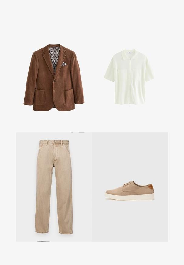Pruunist korduroost blazers, millel on sooniklapid, kaks eesmist taskut ja mustriga vooder. Tootel on rinnataskus taskurätik.; Lühikeste varrukate ja valge lukuga pluus, mis on valmistatud tekstureeritud kangast. Pluusil on kraega kaelus ning kaks eesmist taskut ruudukujuliste klappidega.; Bežidemini teksased sirgjoonise kujundusega, front pocket'itega, metallist nööbi kinnitusega ja peene tekstuuriga.; Beežid nahast tossud ümarate varvastega, paeltega esiosa ja tekstuuriga tagakontuuriga. Valge kummist tallapakkumine loob kontrasti. Lihtne ja kaasaegne disain.
