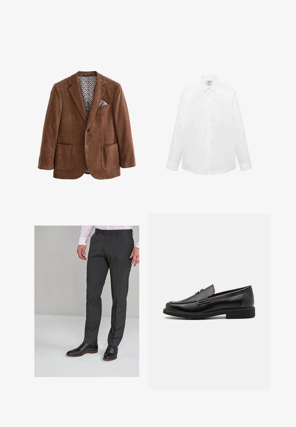 Brun kordfløjl blazer med almindelige lapeller, to forlommer og et mønstret indvendigt foer. Har en lommetørklæde i brystlommen.; Hvid langærmet skjorte lavet af glat stof, med klassisk krave, knaplukning foran og buet kant. Minimalistisk design uden mønstre.; Grå skræddersyede bukser med en glat tekstur, der har flad front og bæltesløjfer, parret med sorte habit sko.; Sorte syntetiske loafers med en fremtrædende syet front, polstret indersål og flad gummiydersål; slankt design med minimal detaljer.