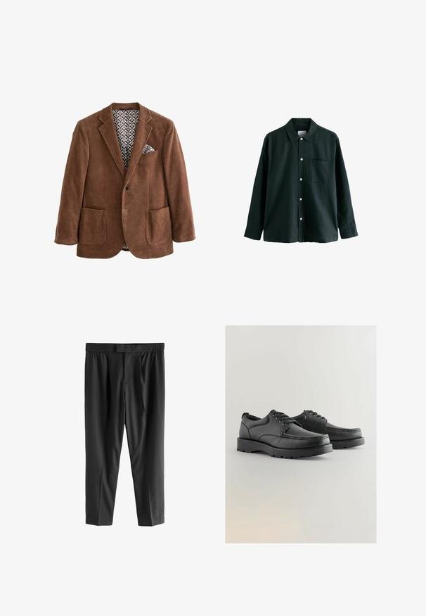 Brūna korduroja žakete ar ar notch lapel, divām priekšējām kabatām un rakstainu iekšējo odere. Iekļauta kabatas lakatiņš krūšu kabatā.; Tumši zaļš krekls ar apkakli, garām piedurknēm un vienu krūšu kabatu; ir baltas pogas un maiga tekstūra.; Next REGULAR FIT -CHECK SMART - Chinos tipa bikses - black; Melnas ādas kurpes ar teksturētu virsotni, apaļu purngali, auklu aizdari, un biezām gumijas zolēm ar profilētu rakstu.