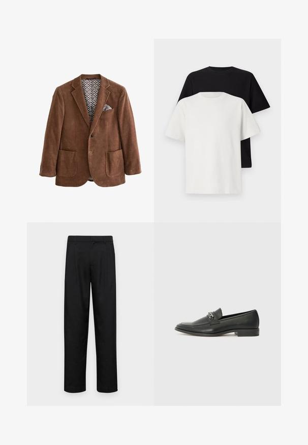 Blazer in velluto a coste marrone con revers a libretto, due tasche frontali e fodera interna a motivo. Presenta un fazzoletto nel taschino del petto.; Set di t-shirt in cotone composto da una maglietta nera e una bianca, entrambe con maniche corte, scollatura rotonda e vestibilità standard. Tessuto testurizzato.; Pantaloni neri realizzati in tessuto liscio, caratterizzati da un taglio dritto, due pieghe frontali e una vita standard con passanti per la cintura.; Mocassino in pelle nera con finitura liscia, caratterizzato da un design cucito e da un accento decorativo in catena metallica sul vamp. Tacco piatto.