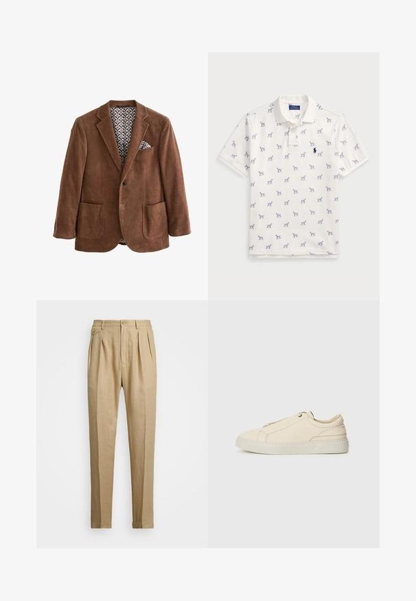 Brauner Corduroy-Blazer mit Reverskragen, zwei Vorderaschen und einem gemusterten Innenfutter. Verfügt über ein Einstecktuch in der Brusttasche.; Weißes Polo-Shirt aus Baumwolle mit einem wiederholten blauen Hundemuster und einem kleinen blauen Logo auf der Brust. Kurze Ärmel und Kragen.; Beige Leinenhose mit geradem Schnitt, ausgestattet mit zwei vorderen Falten, einem Knopfverschluss und seitlichen Taschen. Strukturierter Stoff mit glatter Oberfläche.; Beige Leder Sneaker mit runder Zehenpartie, minimalistischem Design, subtilen Nähten und strukturiertem Obermaterial auf einer hellen Sohle.