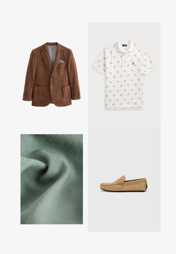 Rudas kordūrinis švarkas su išpjautomis apykaklėmis, dviem priekinių kišenėmis ir raštuotu vidiniu pamušalu. Yra kišenės raštelis krūtinės kišenėje.; Balta polo marškiniai, pagaminti iš medvilnės, su pasikartojančiu mėlynu šunų raštu ir mažuoju mėlynu logotipu ant krūtinės. Trumpomis rankovėmis ir apykakle.; Šviesiai žali audiniai su švelniu, tekstūruotu paviršiumi, turintys švelnias klostes ir raukšles, atspindintys lygią ir delikačią išvaizdą.; Smėlinės zomšinės mokasinės su siūtu pirštu, lengvu uždėjimu ir juodu guminiu padu. Pusėje yra subtili ženklų identifikacija.