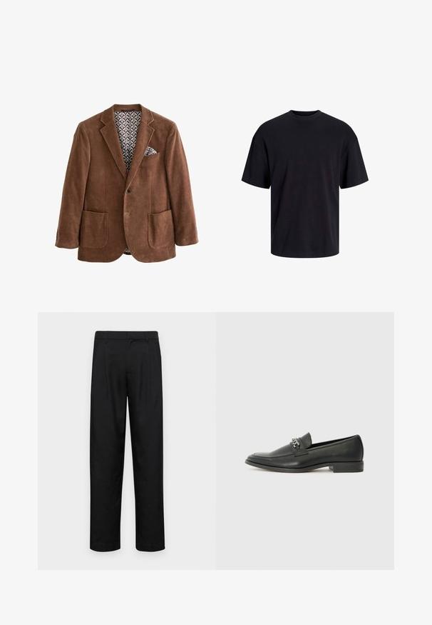 Sacou maro din corduroy, cu rever în formă de notă, două buzunare frontale și interior căptușit cu un model. Se remarcă un batic în buzunarul de la piept.; Tricou din bumbac negru, cu guler rotund, mâneci scurte și o croială lejeră. Textură netedă și fără modele sau accente vizibile.; Pantaloni negri dintr-un material neted, cu un design drept, două pliuri frontale și un tiv standard cu bucle pentru curea.; Pantofii negri din piele cu un finisaj neted, având un design cusut și un accent decorativ de lanț metalic peste partea de sus. Toc plat.
