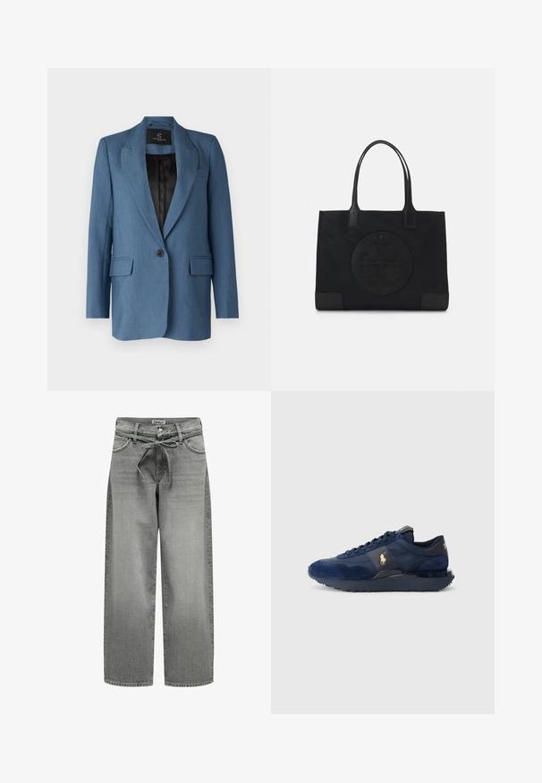 Bruuns Bazaar CINDYSUS - Blazer - indian teal; Grijze coltrui gemaakt van zachte gebreide stof met geribbelde manchetten en zoom. Heeft een relaxte pasvorm en een gestructureerde halslijn.; Witte blouse met knopen van glad katoen met een klassieke kraag, voorzien van een rechte onderkant en beige knopen aan de voorkant.; Grijze denim jeans met wijde pijpen, een trekkoord in de taille en voorzakken. De stof heeft een lichte textuur en een vervaagde afwerking.; Marineblauwe sportschoenen van suède en mesh, met een rubberen zool, vetersluiting en een gouden logoaccent.; Zwarte draagtas van stof, met een opvallend reliëflogo in een cirkelvormig ontwerp. Gladde textuur met contrasterende leren accenten.