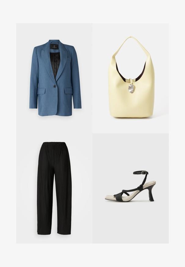 Bruuns Bazaar CINDYSUS - Bleiseri - indian teal; Valkoinen ribbineule T-paita, jossa on pyöreä pääntie ja kyynärpäiden mittaiset hihat. Valmistettu pehmeästä materiaalista, jossa on sileä rakenne. Tagi näkyvissä pääntiellä.; Mustat leveälahkeiset housut, joissa on joustava vyötärö. Kankaassa on pystysuoria poimuja ja sileä pinta.; Mustat korkokengät, joissa on punottuolkaiminen design, neliömäinen kärki ja säädettävä nilkkahihna. Vaaleanbeige jalkapohja ja kiiltävä musta korko.; Hobo-laukku pehmeässä keltaisessa nahassa, jossa on pyöreä muoto. Ominaisuuksiin kuuluu sileä pinta, tumma vuori ja hopeasävyinen yksityiskohta suljennassa.