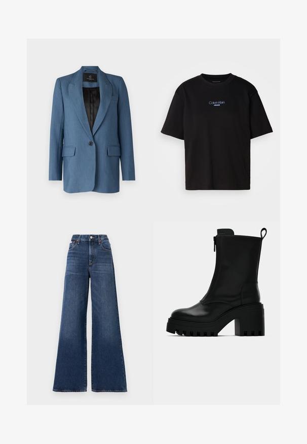 Bruuns Bazaar CINDYSUS - Blazer - indian teal; T-shirt nera in cotone con colletto rotondo, maniche corte e logo ricamato blu "Calvin Klein JEANS" sul davanti.; Jeans a vita alta con gamba larga realizzati in denim blu scuro, dotati di chiusura a bottone, cinque tasche e lievi sbiadimenti sulle cosce.; Stivale alla caviglia in pelle nera con suola a tassello spessa, tacco a blocco, zip laterale e linguetta sul retro su sfondo bianco neutro.