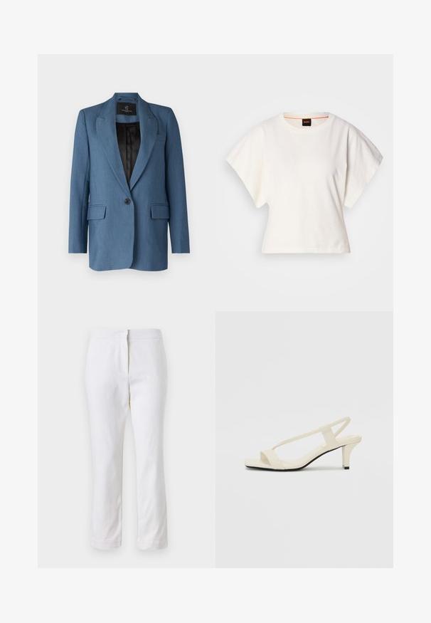 Bruuns Bazaar CINDYSUS - Blézer - indian teal; Fehér, rövid, bő ujjú, crop szabású póló, puha pamut anyagból, kerek nyakkivágással, finom narancssárga díszítéssel, minimalista dizájn, minta vagy grafika nélkül.; Fehér pamut nadrág egyenes lábformával, közepes derékkal, látható fémrészek vagy minták nélkül. Sima textúra az egész anyagon.; Beige színű, blokksarkú szandálok vékony pántokkal és négyzet alakú orral. Simább anyag, minimális részletezéssel, amely könnyű viselésre lett tervezve.