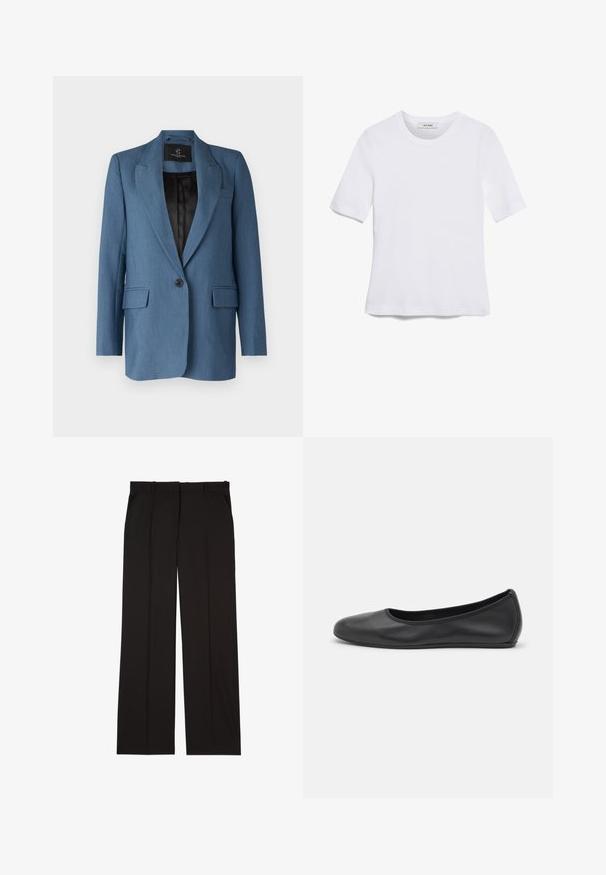 Bruuns Bazaar CINDYSUS - Blazer - indian teal; White short-sleeve t-shirt made of ribbed fabric. Round neckline, regular fit, and subtle stitching details. No patterns or graphics.; Black tailored trousers made of a smooth fabric, featuring a straight-leg design, and two side pockets. Elegant and minimalistic construction.; Black leather ballet flat with a rounded toe, smooth texture, minimal stitching detail, and a flexible sole design.
