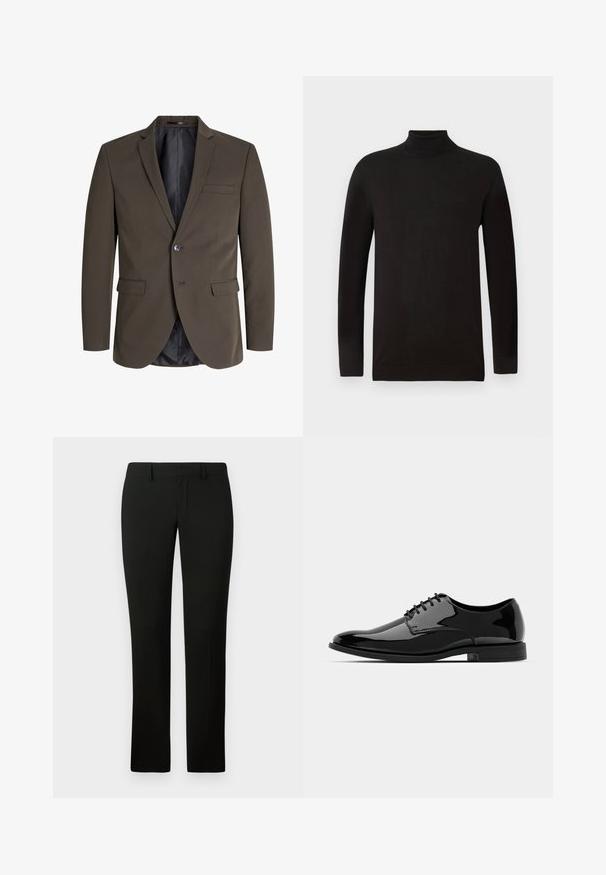 Temno rjav blazer z enim gumbom, dvema sprednjima žepoma in zareznim ovratnikom. Notranjost je obložena s črno tkanino za kontrast.; Črna turtleneck pulover iz mehkega pletenega materiala. Ima dolge rokave in oprijet kroj z rebrastim ovratnikom in robom. Minimalno blagovno znamčenje.; Črne hlače z prilegajočim se krojem, ki imajo gladko teksturo in raven kroj. Pas ima zanke za pas in čist zaključek.; Črne lakirane usnjene čevlje z zaobljenim nosom, vezanjem in gladko, sijočo površino. Imajo nizko profilirano gumijasto podplat.