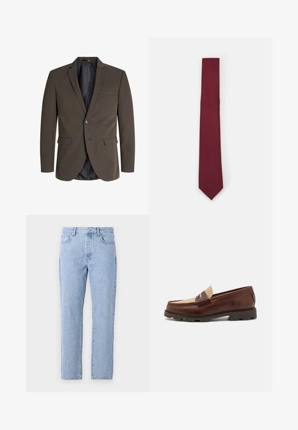 Tmavohnedý blejzer s jedným gombíkom, dvoma prednými vreckami a výstrihom na klopu. Interiér je podšitý čiernou látkou pre kontrast.; Biela košeľa s dlhým rukávom a zapínaním na gombíky, vyrobená z hladkého materiálu. Má klasický golier, predné gombíky a manžety na jeden gombík. Slim fit strih.; Svetlo modré džíny s priamym strihom, piatimi vreckami a zapínaním na gombíky. Mäkka textúra s klasickým vyblednutým povrchom.; Hnedé kožené loafers so taupe plátnovým akcentom, prešívaním a textúrovanou gumovou podrážkou navrhnutou pre pohodlie a trvácnosť.; Bordový hodvábny kravata, úzky tvar s pevným textúrou. Má špicatý koniec, jednotnú farbu a hladký povrch.