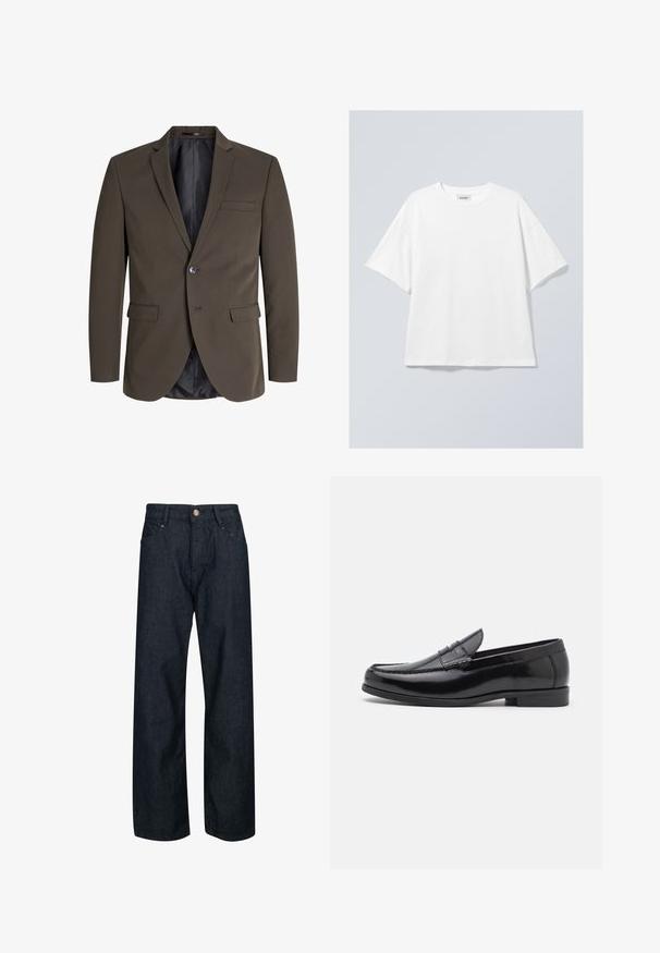 Tumepruun bleiser ühe nupuga, kahe esi-taskuga ja lõikega kraega. Sisemus on vooderdatud musta kangaga kontrasti lisamiseks.; Valge puuvillane T-särk ümmarguse kaelusega ja lühikeste varrukatega. Mugav lõige, ilma nähtavate mustrite või aktsentideta. Sile tekstuur.; Tumed sinised teksad otse lõikega, nupuga kinnitamine, viis taskut ja kontrastõmblused õmblustes.; Mustad mustad nahast lopeersed kingad ümarate varvastega, dekoratiivse õmblusega ja madala kontsaga. Sile tekstuur kerge sädelusega. Klassikaline disain ilma kaunistusteta.