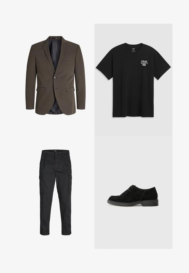 Tamno smeđi sako s jednim dugmetom, dva prednja džepa i reverom u obliku slova notch. Unutrašnjost je obložena crnom tkaninom radi kontrasta.; Crna pamučna majica s printom na prsima koji glasi "KUĆNE BILJKE" u bijelom stiliziranom fontu s "Levi's" ispod. Klasični okrugli izrez.; Crne cargo hlače izrađene od čvrstog materijala, s brojnim džepovima, kopčanjem na gumb i dizajnom koji pomaže da se prilagode tijelu sa suženim nogavicama.; Crne sued kože cipele s okruglim vrhom, kontrastnim šivom i gumenom potplatom. Ima minimalno vezanje i glatki gornji dio.