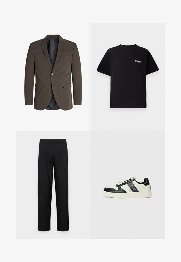 Blazer castanho escuro com um único botão, dois bolsos frontais e lapela em notched. O interior é forrado com tecido preto para contraste.; T-shirt de algodão preto com decote redondo, mangas curtas e pequeno texto de logo branco no lado esquerdo do peito. Design simples, corte clássico.; Calças pretas feitas de tecido suave, com um design de perna reta, dois pregas frontais e uma cintura padrão com passantes para cinto.; Ténis de couro com um esquema de cores em preto e creme, apresentando detalhes perfurados, um colarinho acolchoado e uma sola texturizada.