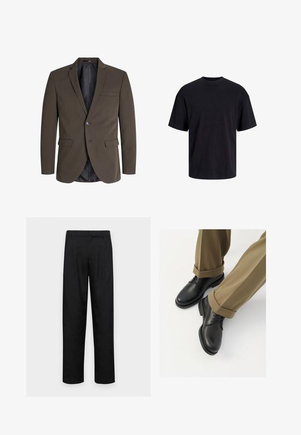 Dark brown blazer with a single button, two front pockets, and a notch lapel. The interior is lined in black fabric for contrast.; Black cotton t-shirt with a crew neckline, short sleeves, and a relaxed fit. Smooth texture and no visible patterns or accents.; Black trousers made of smooth fabric, featuring a straight-leg design, two front pleats, and standard waistband with belt loops.; Black leather dress shoes with a smooth finish, featuring laces and a rounded toe, paired with rolled-up khaki trousers.