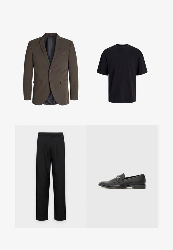 Mørkebrun blazer med en enkelt knap, to frontlommer og smal revers. Indersiden er foret med sort stof for kontrast.; Svart bomull t-skjorte med rund hals, korte ermer og en avslappet passform. Glatt tekstur uten synlige mønstre eller detaljer.; Sorte bukser laget av glatt stoff, med rette ben, to frontfoldninger og standard liv med beltehemper.; Sorte skinnloafers med en glatt finish, og med en sydd design og en dekorativ metallkjedeakcent over foten. Flat hæl.