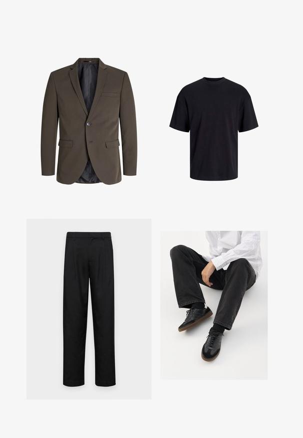 Tumepruun bleiser ühe nupuga, kahe esi-taskuga ja lõikega kraega. Sisemus on vooderdatud musta kangaga kontrasti lisamiseks.; Must must on mustre, lühikeste varrukatega ja vabalt langev. Sile tekstuur ja ilma nähtavate mustrite või aktsentideta.; Mustad mustadest riietest, millel on sirge jalgade disain, kaks eesmist voltimist ja tavaline vöökoht, millel on vöökohad.; Mustad spordijalatsid siledast ja tekstuurilisest ülemisest osast, millel on kummist tald ja tumedad nöörid. Kombineeritud mustade teksade ja valge triibulise särgiga.