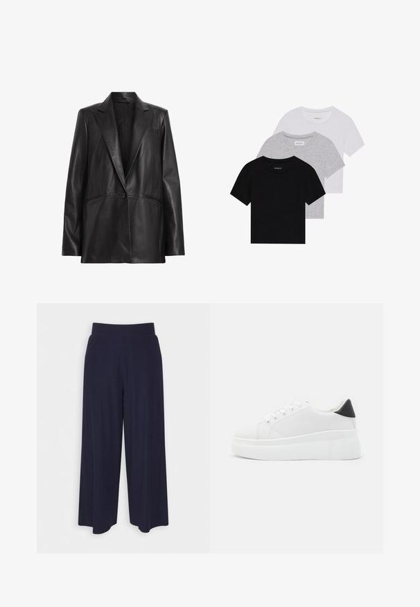 Mustast nahast bleiserist, millel on lõikega krae, üks nupuvajutus ja kaks küljetaskut. Sile tekstuur ja hästi istuv lõige.; Kollektsioon kolm lühikese varrukaga T-särki mustas, hallis ja valges värvitoonis. Valmistatud puuvillast, ümmarguse kaelusega ja lihtsa, ühevärvilise disainiga.; Tumed põlvpüksid tumedast meresinisest kangast, millel on sooneline tekstuur. Omab sujuvat vööd ja voolavat siluetti, ulatudes pooleni säärest.; Valged platvormsneakerid, mis on valmistatud siledast sünteetilisest materjalist, ovaalse toe, paelkinnise disaini ja tekstuurse kummitaldiga. Must kontsrihm.