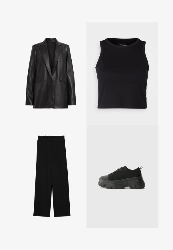Black leather blazer with a notched lapel, single button closure, and two side pockets. Smooth texture with a tailored fit.; Black ribbed crop tank top with a round neckline and sleeveless design. Made from soft, stretchy fabric, featuring clean hemmed edges.; Black wide-leg trousers with a ruffled waistband, featuring two side pockets and a smooth, lightweight fabric. No visible patterns or hardware.; Black sneakers with a chunky rubber sole, textured fabric upper, round toe, and lace-up design. Features reinforced eyelets and back pull tab.