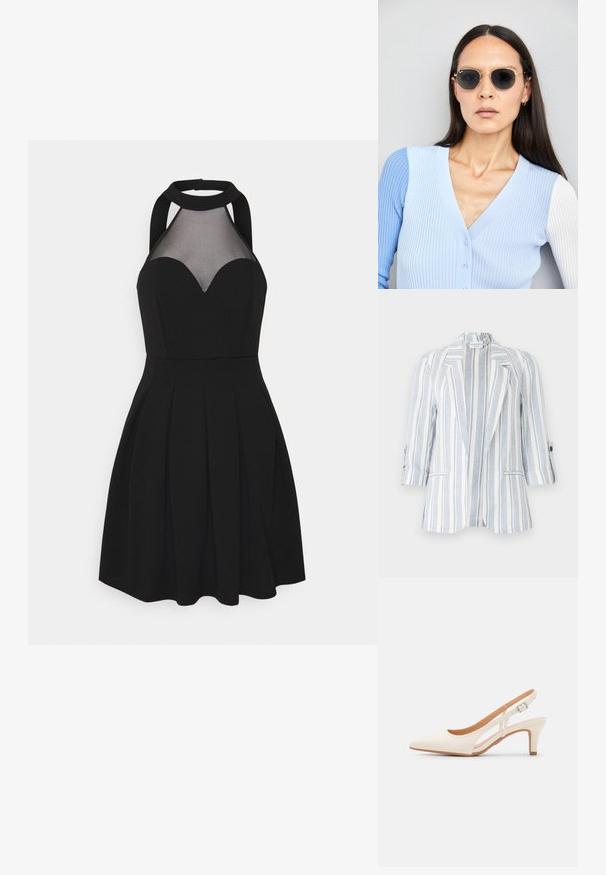 Pasiakowana marynarka w jasnoniebieskie i białe pionowe paski, wykonana z lekkiego materiału, z wykładanym kołnierzem i podwiniętymi rękawami.; Czarna sukienka z dekoltem na szyję i siateczkowym panelem. Posiada dekolt w kształcie serca, plisowaną spódnicę i dopasowany korpus. Gładka faktura materiału.; Biała szpilka slingback z ostrym noskiem, gładkim materiałem wierzchnim, niskim obcasem blokowym oraz wycięciami po bokach i regulowanym paskiem z klamrą.; Okrągłe okulary przeciwsłoneczne z ciemnymi soczewkami i złotymi ramkami. Modelka nosi jasnoniebieski kardigan w prążki z guzikami i białymi rękawami w kontrastowym kolorze.