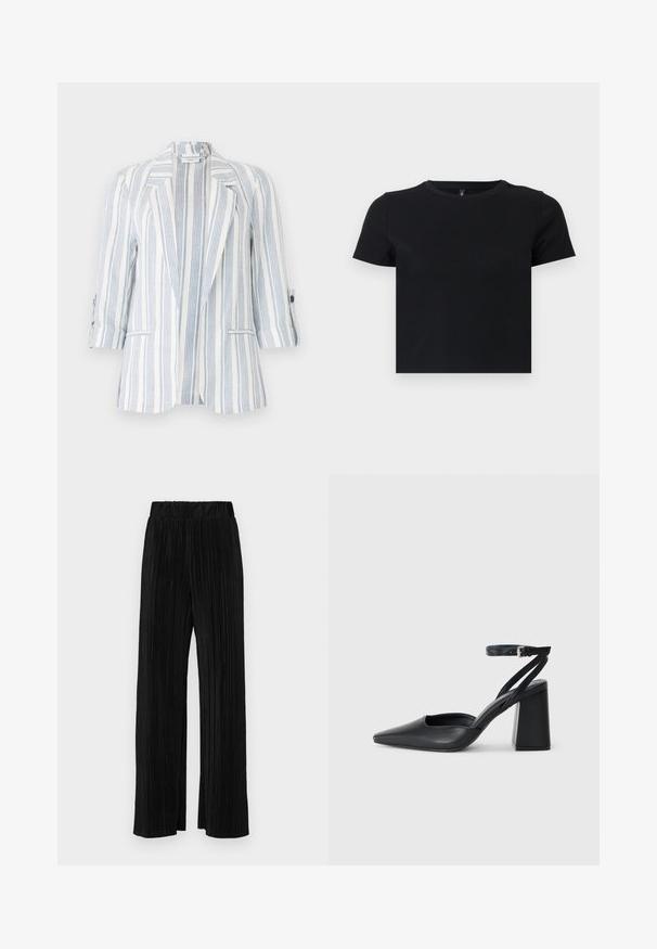 Dryžuota švarko su šviesiai mėlynomis ir baltomis vertikaliomis juostelėmis, pagaminta iš lengvos medžiagos, turi iškirptą apykaklę ir sukinėjamas rankoves.; Juoda trumpomis rankovėmis marškinėliai, pagaminti iš švelnios medvilnės. Turi apvalų kaklą ir prigludusį dizainą. Lygi tekstūra be raštų ar akcentų.; Juodi plisuoti kelnės su elastine juosta. Turėkite plačias kojas ir glotnų, tekstūrinį audinį su vertikaliais dryžiais.; Juoda odinė smailiagalė aukštakulnio bateliai su kulkšnies dirželiu ir storu kulnu. Lygus paviršius, elegantiškas dizainas ir minimalistiška estetinė.