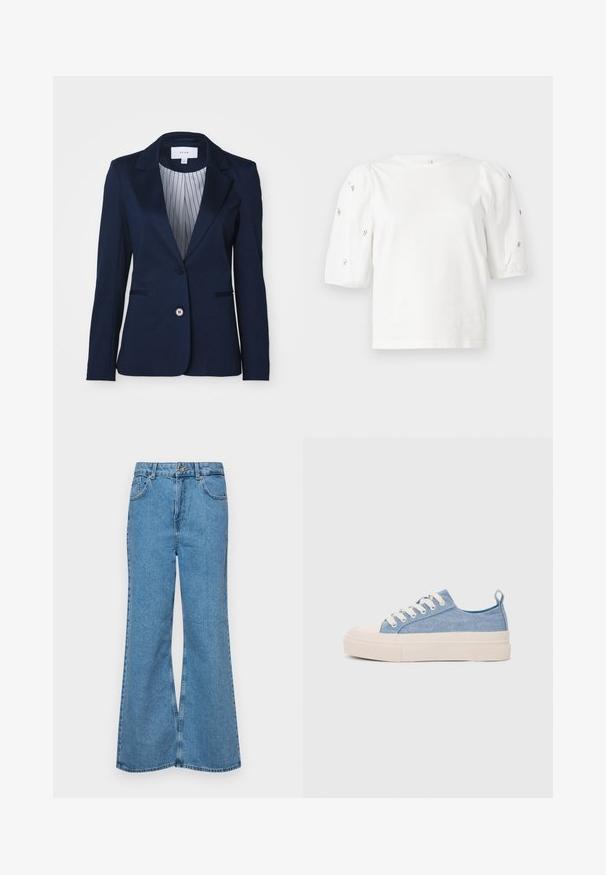 Tums zils žakets, izgatavots no gludas auduma, ar izgrieztu apkakli, vienu pogu aizdari un svītrainu iekšējo oderi. Divas priekšējās kabatas.; Balta kokvilnas t-kreklu ar īsām puff piedurknēm, ar nelieliem sudraba rotājumiem gar piedurknēm. Klasisks apaļš izgriezums, brīvā piegriezuma.; Gaiši zili, platā piegriezuma džinsi, kas izgatavoti no denima, ar augstu jostasvietu, piecām kabatām un vienu pogu. Mīksta tekstūra ar nolietotu apdari.; Gaiši zili kanvas sneakeri ar krēmkrāsas gumijas pirksta aizsargu un ārējo zoli, aprīkoti ar baltām šņorēm un cilpu uz papēža.