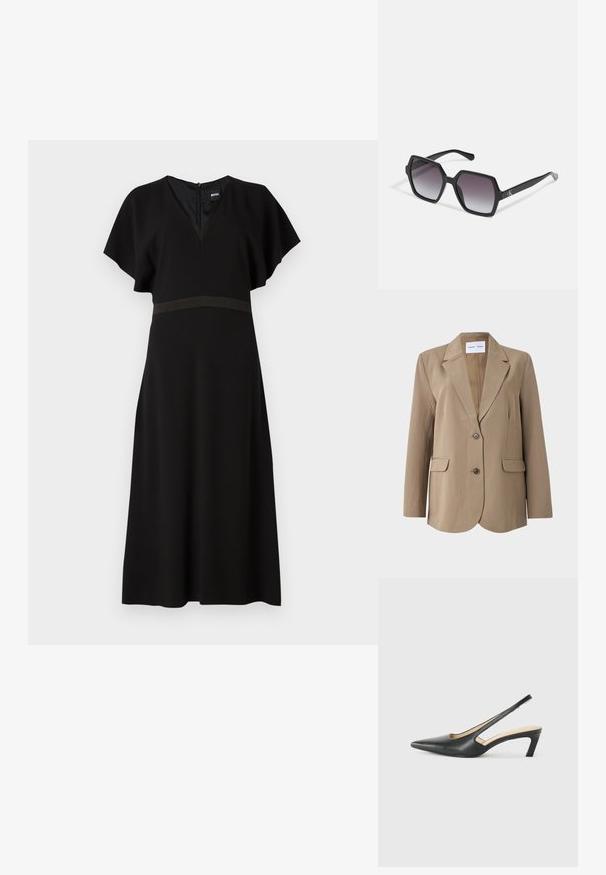 Blazer beige avec un col cranté, deux poches avant et une fermeture à un bouton. Tissu doux avec une coupe ajustée.; Robe noire avec un décolleté en V, des manches courtes papillon et une bande horizontale contrastante à la taille. Fabriquée à partir d'un tissu lisse et fluide.; Slingback noir à bout pointu avec un petit talon, en cuir lisse et doté d'un design découpé sur le côté pour plus de respirabilité.; Lunettes de soleil hexagonales noires avec des verres dégradés, dotées d'une finition brillante et d'un marquage subtil sur la branche. Construction en plastique durable.; Boucles d'oreilles en argent avec un design lisse et courbé. Présentent une finition métallique brillante et une fermeture à clou. Pas de motifs ou d'accents visibles.
