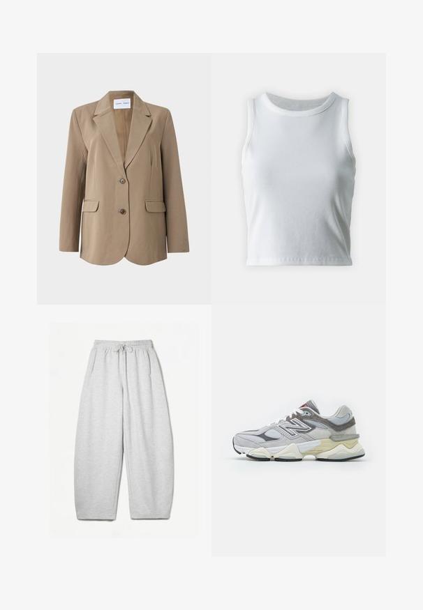 Blazer beige con rever a punta, due tasche frontali e chiusura a un bottone. Tessuto liscio con una vestibilità su misura.; Top a canotta bianco a coste con scollatura rotonda e senza maniche, caratterizzato da un orlo dritto e una texture liscia e elastica.; Pantaloni della tuta grigio chiaro con una vestibilità rilassata, vita elasticizzata, cordoncino e tasche laterali; realizzati in un morbido tessuto testurizzato.; Sneaker grigio in suede e rete con una spessa soletta bianca e beige, caratterizzata da un logo bianco prominente e dettagli in rosso.