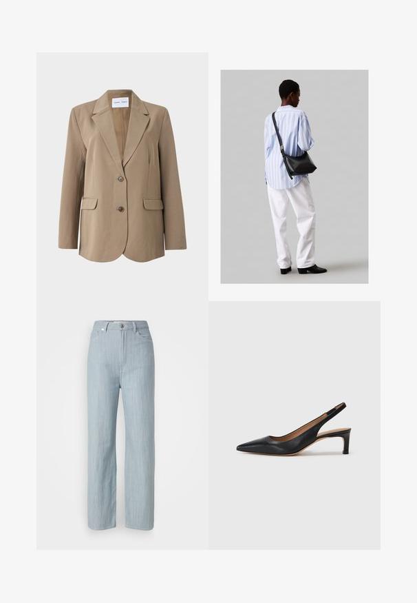 Beige blazer med spids krave, to forlommer og enkelt knaplukning. Glat stof med en skræddersyet pasform.; Sort bomulds T-shirt med V-hals og korte ærmer. Enkel design med regular fit og ingen mønstre eller accenter.; Lysblå straight-leg jeans lavet af denim. Har fem lommer, en metal knaplukning og subtile slidser for tekstur.; Sort læder slingback pumpe med spids tå, lav hæl og en glat overflade. Har en tynd justerbar rem for en sikker pasform.; Sort læder skuldertaske med en blød tekstur, trekantet form og justerbar strop, kombineret med en lyseblå stribet skjorte og hvide bukser.