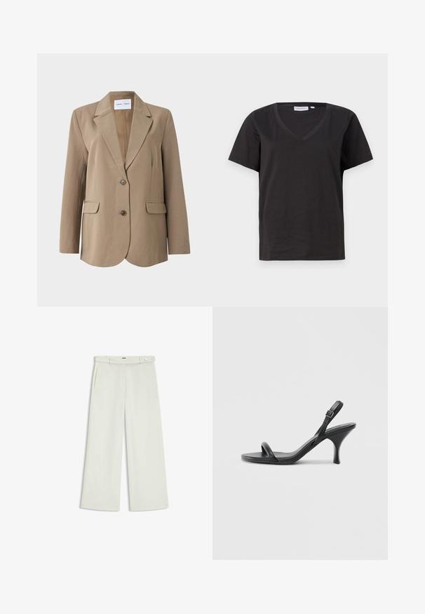 Beige Blazer mit Reverskragen, zwei vorderen Taschen und einem einzelnen Knopfverschluss. Glattes Material mit taillierter Passform.; Schwarzes Baumwoll-T-Shirt mit V-Ausschnitt und kurzen Ärmeln. Einfaches Design mit normalem Schnitt und ohne Muster oder Akzente.; Weite Hose aus zartem Creme-Stoff, mit seitlichen Taschen, flatem Bund und einer Knopfverschluss an der Taille. Glatte Textur.; Schwarze Leder-Sandalen mit hohen Absätzen, schlankem, gebogenem Absatz und gekreuztem Riemendesign. Verstellbarer Knöchelriemen. Glatte Textur.