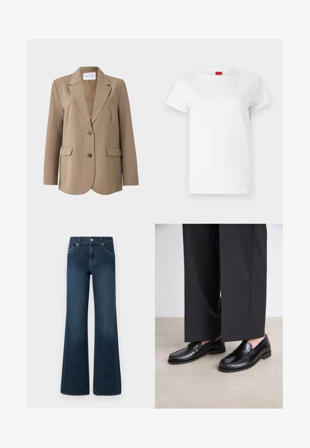 Beige blazer met een notch-lapel, twee voorzakken en een enkele knoopsluiting. Gladde stof met een getailleerde pasvorm.; Witte T-shirt met korte mouwen, gemaakt van lichtgewicht katoen. Heeft een ronde hals en opgerolde mouwen. Rode merketiket op de kraag.; Wijde denim jeans in een donkerblauwe wassing, met een knoopsluiting, vijf zakken en een lichte vervaging in de textuur voor extra detail.; Zwarte leren instappers met een gladde afwerking, gestikte details rond de teen en een lage rubberen zool. Gepaard met brede zwarte broeken.