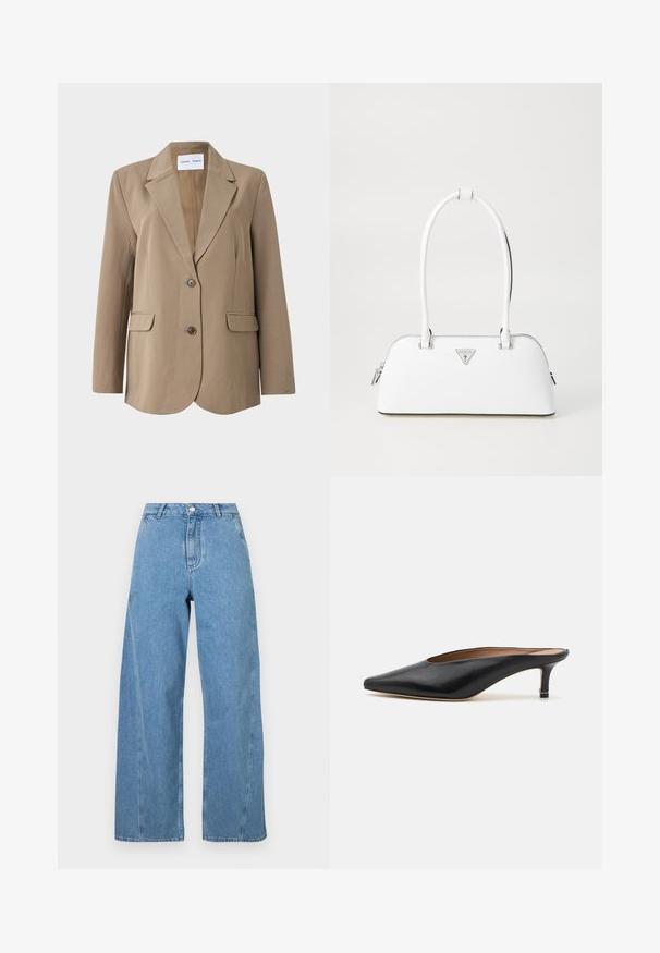 Beige blazer met een notch-lapel, twee voorzakken en een enkele knoopsluiting. Gladde stof met een getailleerde pasvorm.; Witte T-shirt met korte mouwen, gemaakt van lichtgewicht katoen. Heeft een ronde hals en opgerolde mouwen. Rode merketiket op de kraag.; Lichtblauwe wijde jeans gemaakt van denim, met een hoge taille, rechte snit en contrasterende stiksels langs de naden.; Zwarte leren muiltjes met een puntige neus en een lage, blokhak. Glad oppervlak met een gestroomlijnd ontwerp. Open achterkant met minimale details.; Witte leren handtas met een gebogen vorm, voorzien van een zilveren driehoekig logo en ritssluiting. Gladde textuur en dubbele handvaten.